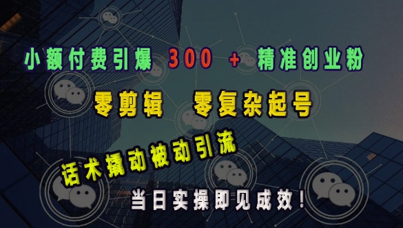 小额付费引爆 300 + 精准创业粉，零剪辑、零复杂起号，话术撬动被动引流，当日实操即见成效-湘创网